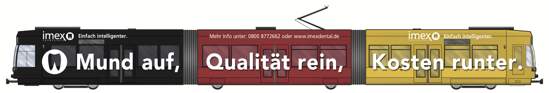 Illustration einer Straßenbahn mit imex-Motiv 'Mund auf, Qualität rein, Kosten runter.'