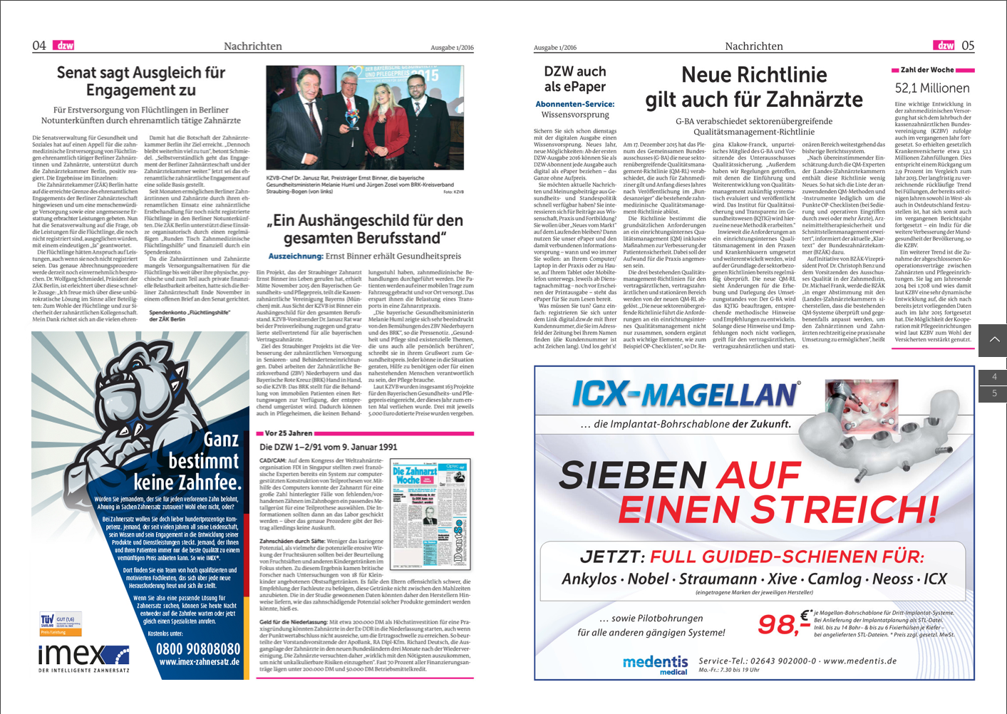 Abbildung einer Doppelseite der Deutschen Zahnarztwoche mit dem Anzeigenmotiv 'Zahnfee'.